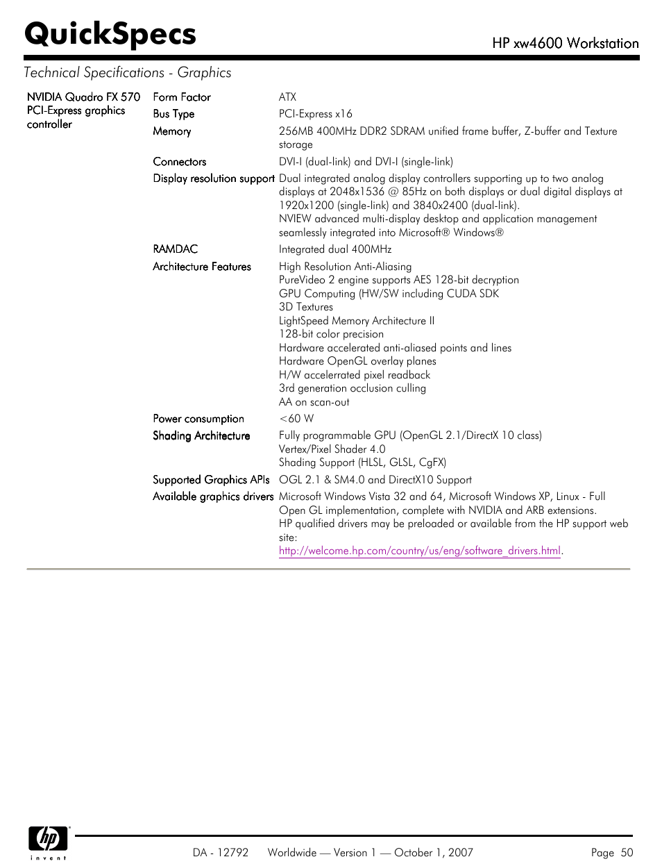 Quickspecs, Hp xw4600 workstation | HP xw4600 User Manual | Page 50 / 73