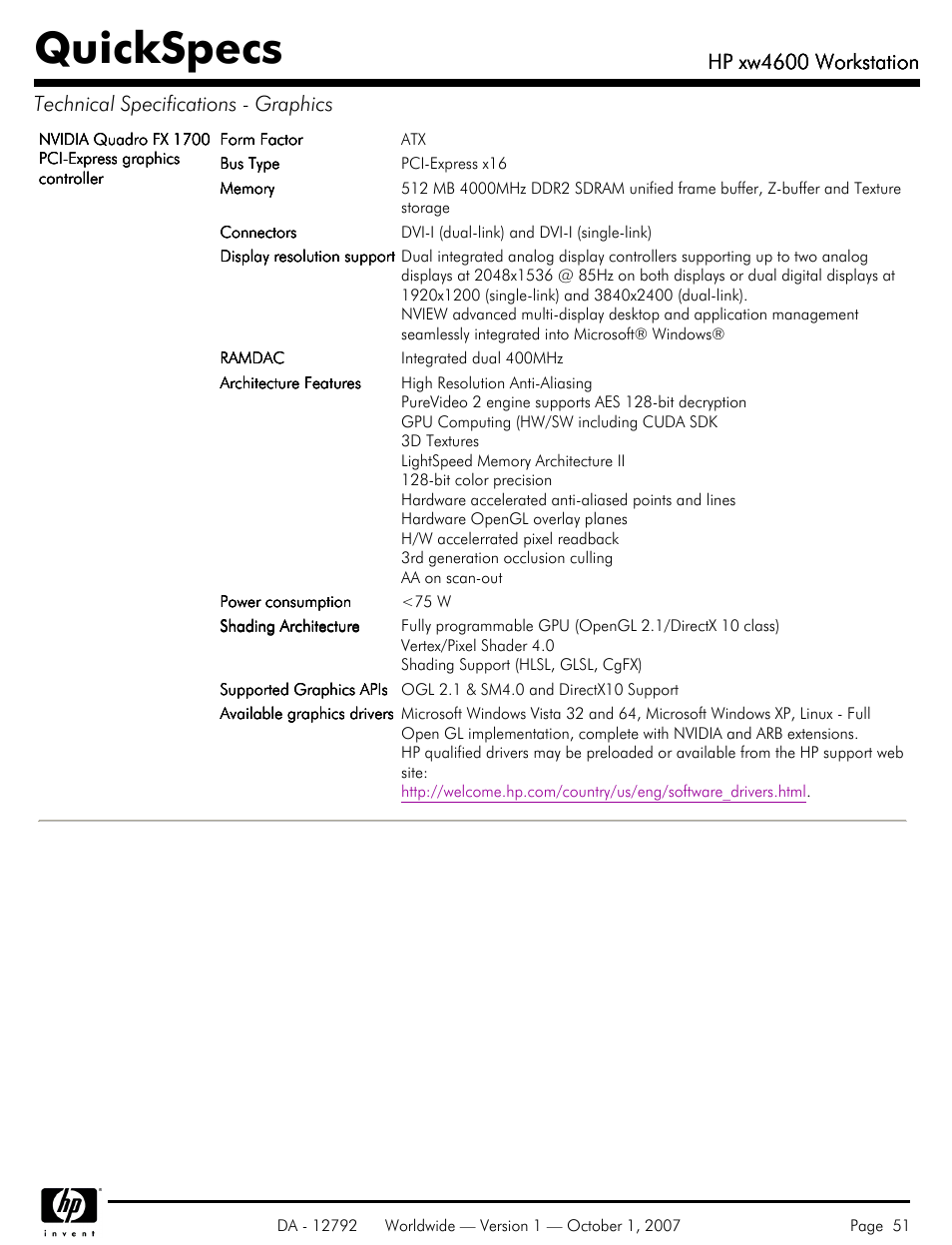 Quickspecs, Hp xw4600 workstation | HP xw4600 User Manual | Page 51 / 73