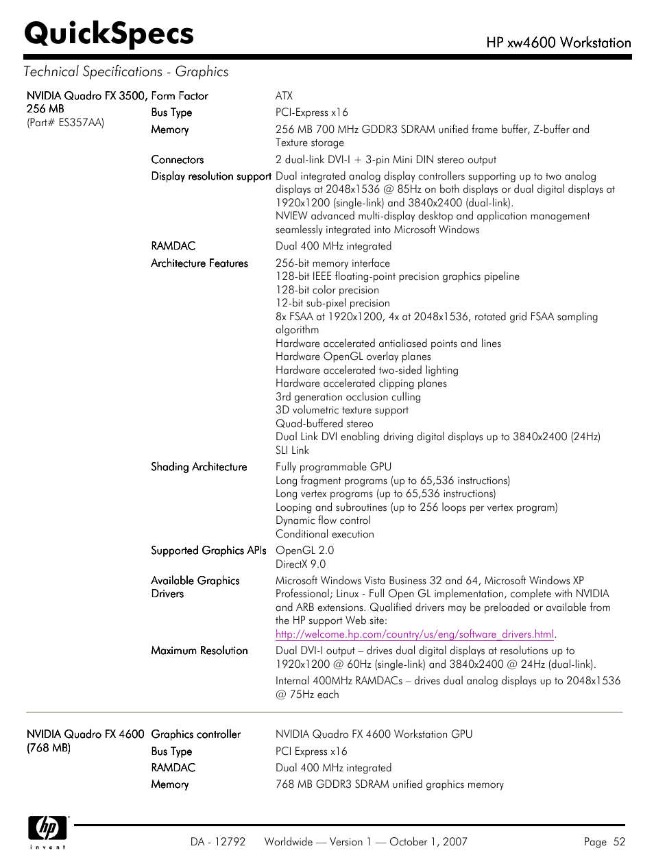 Quickspecs, Hp xw4600 workstation | HP xw4600 User Manual | Page 52 / 73