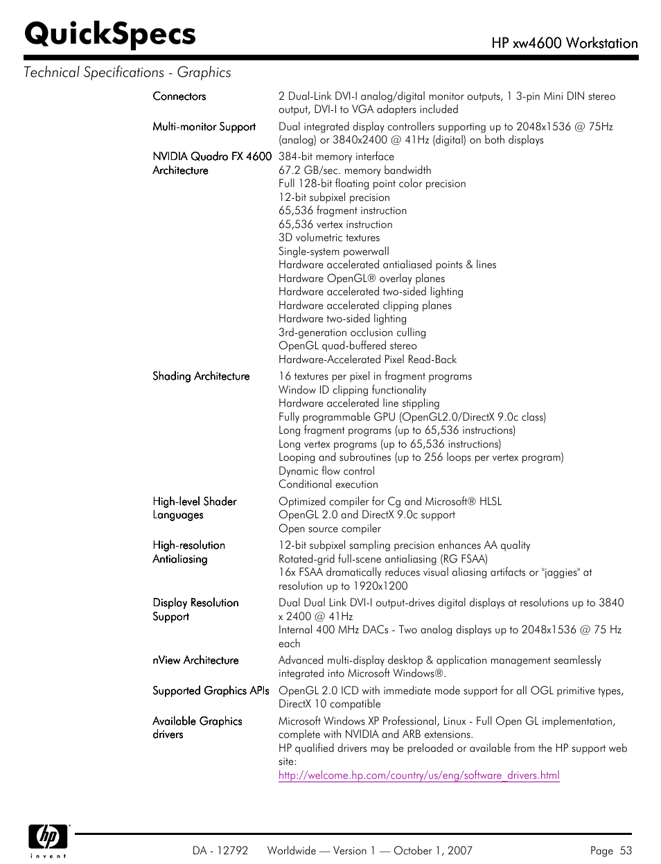 Quickspecs, Hp xw4600 workstation | HP xw4600 User Manual | Page 53 / 73