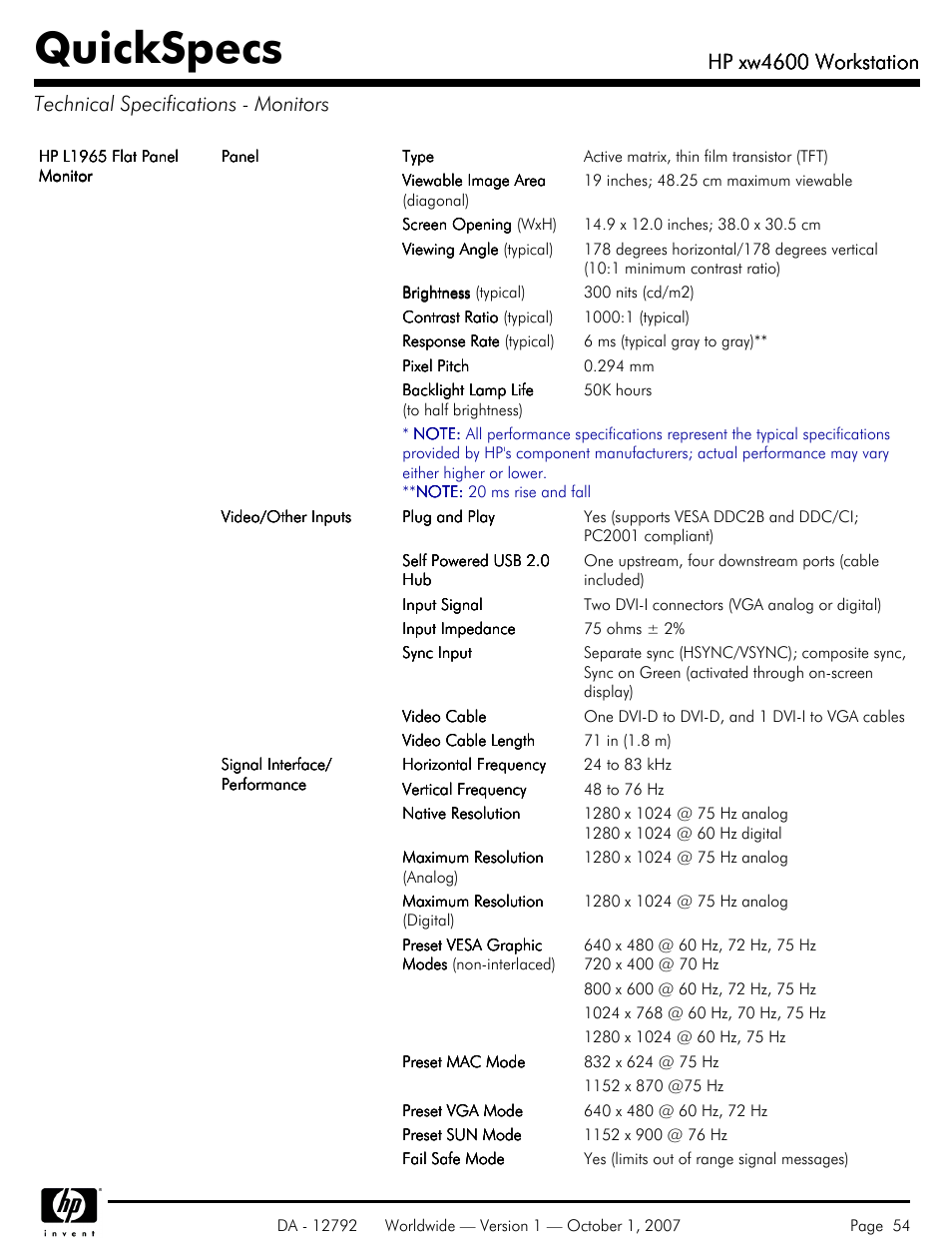 Technical specifications - monitors, Quickspecs, Hp xw4600 workstation | HP xw4600 User Manual | Page 54 / 73