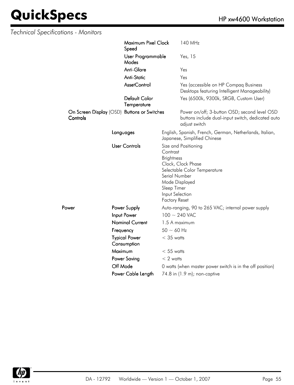 Quickspecs, Hp xw4600 workstation | HP xw4600 User Manual | Page 55 / 73