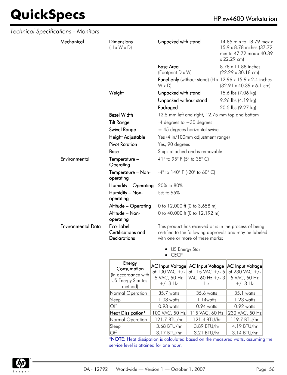Quickspecs, Hp xw4600 workstation | HP xw4600 User Manual | Page 56 / 73