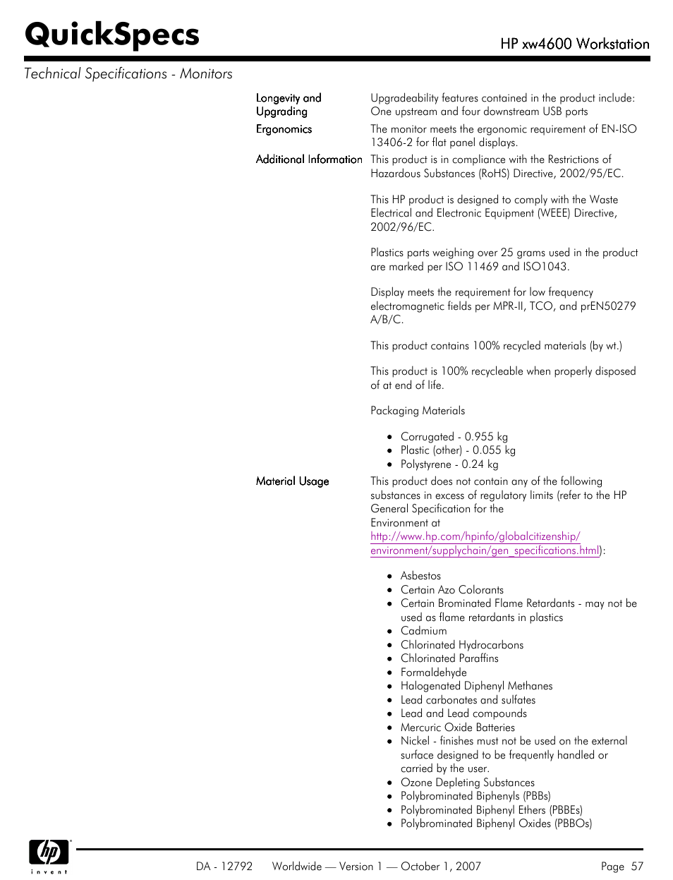 Quickspecs, Hp xw4600 workstation | HP xw4600 User Manual | Page 57 / 73