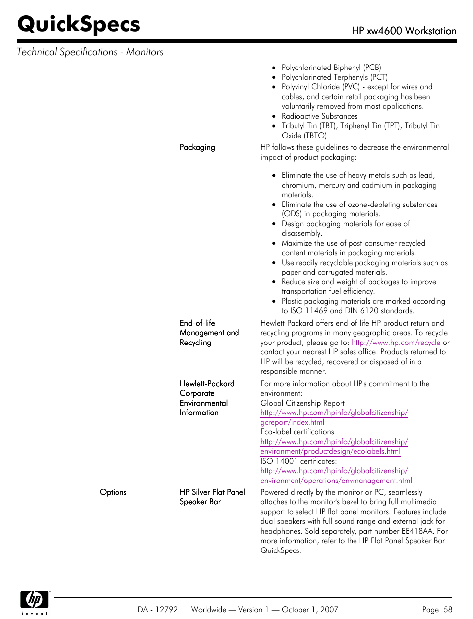 Quickspecs, Hp xw4600 workstation | HP xw4600 User Manual | Page 58 / 73