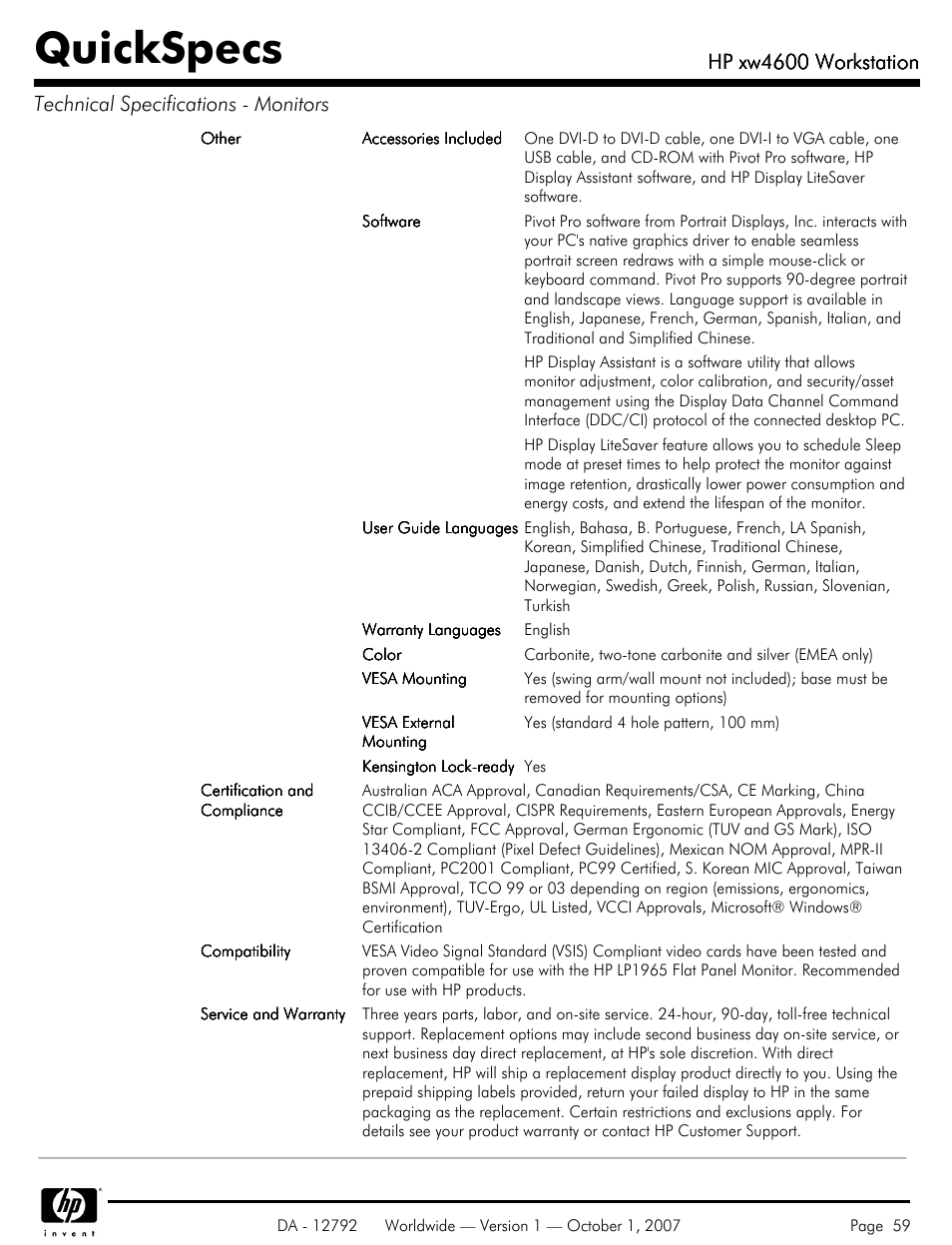 Quickspecs, Hp xw4600 workstation | HP xw4600 User Manual | Page 59 / 73