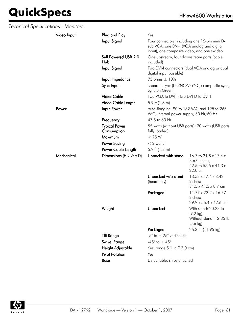 Quickspecs, Hp xw4600 workstation | HP xw4600 User Manual | Page 61 / 73