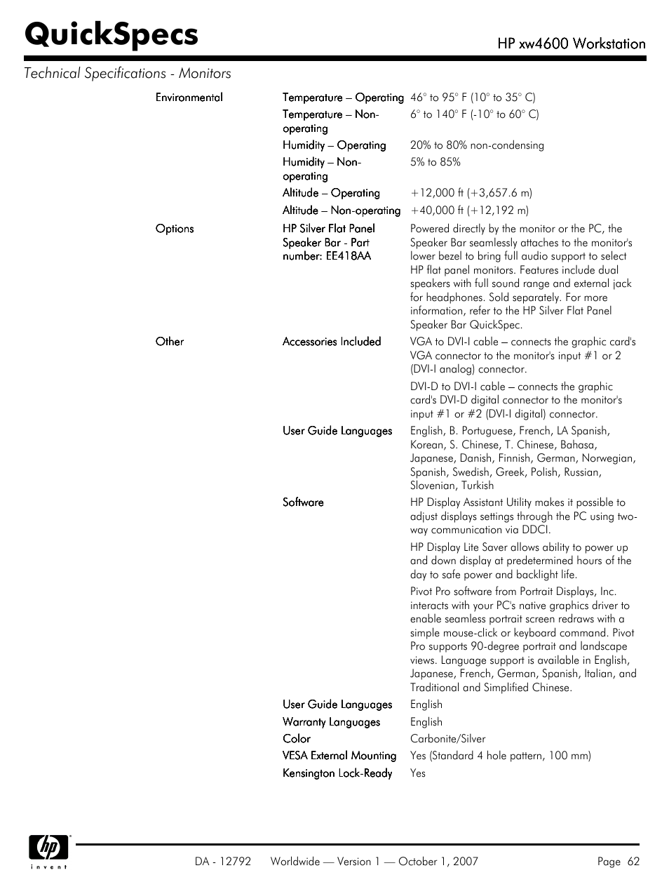 Quickspecs, Hp xw4600 workstation | HP xw4600 User Manual | Page 62 / 73