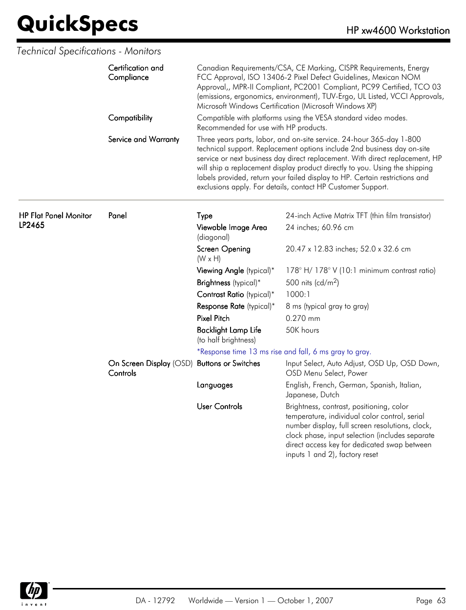 Quickspecs, Hp xw4600 workstation | HP xw4600 User Manual | Page 63 / 73