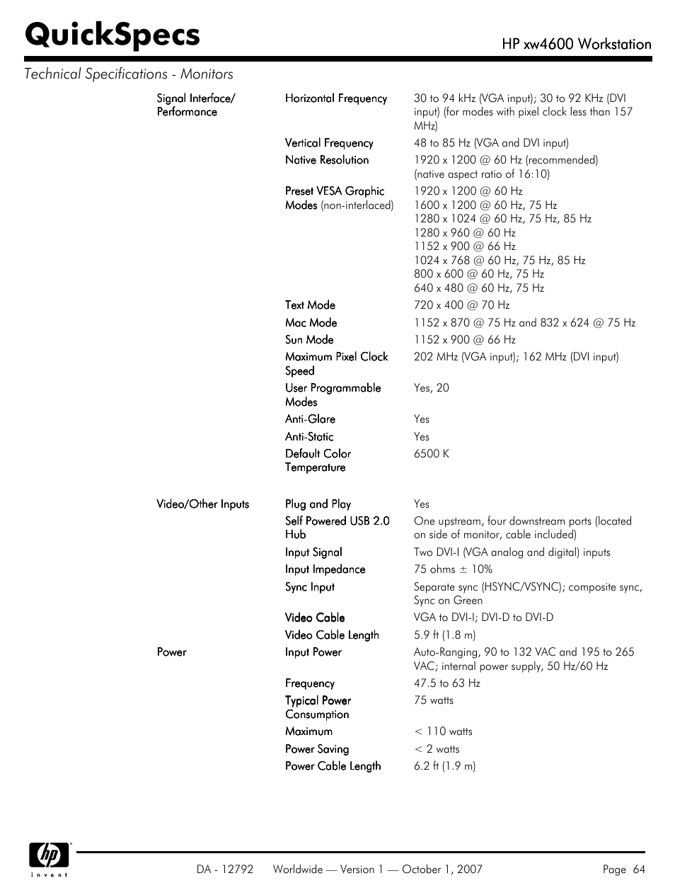 Quickspecs, Hp xw4600 workstation | HP xw4600 User Manual | Page 64 / 73