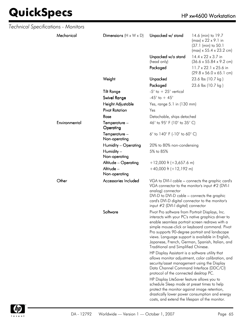 Quickspecs, Hp xw4600 workstation | HP xw4600 User Manual | Page 65 / 73