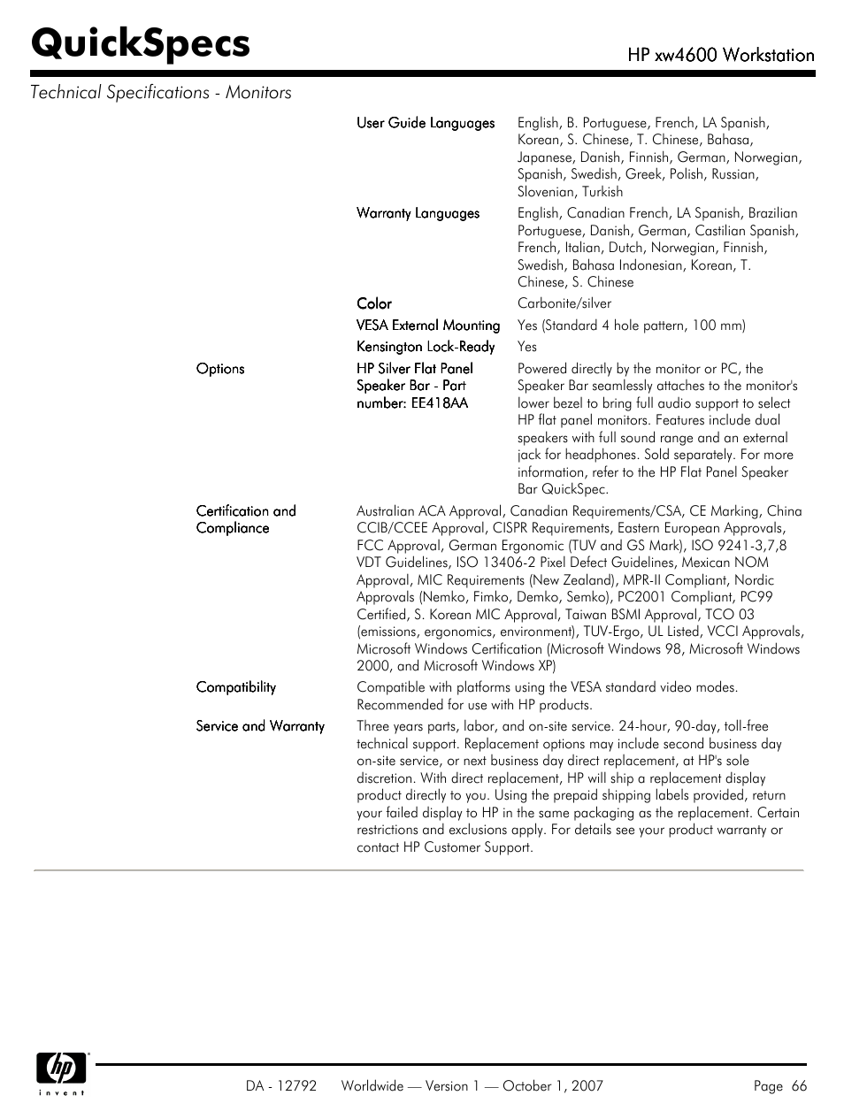 Quickspecs, Hp xw4600 workstation | HP xw4600 User Manual | Page 66 / 73