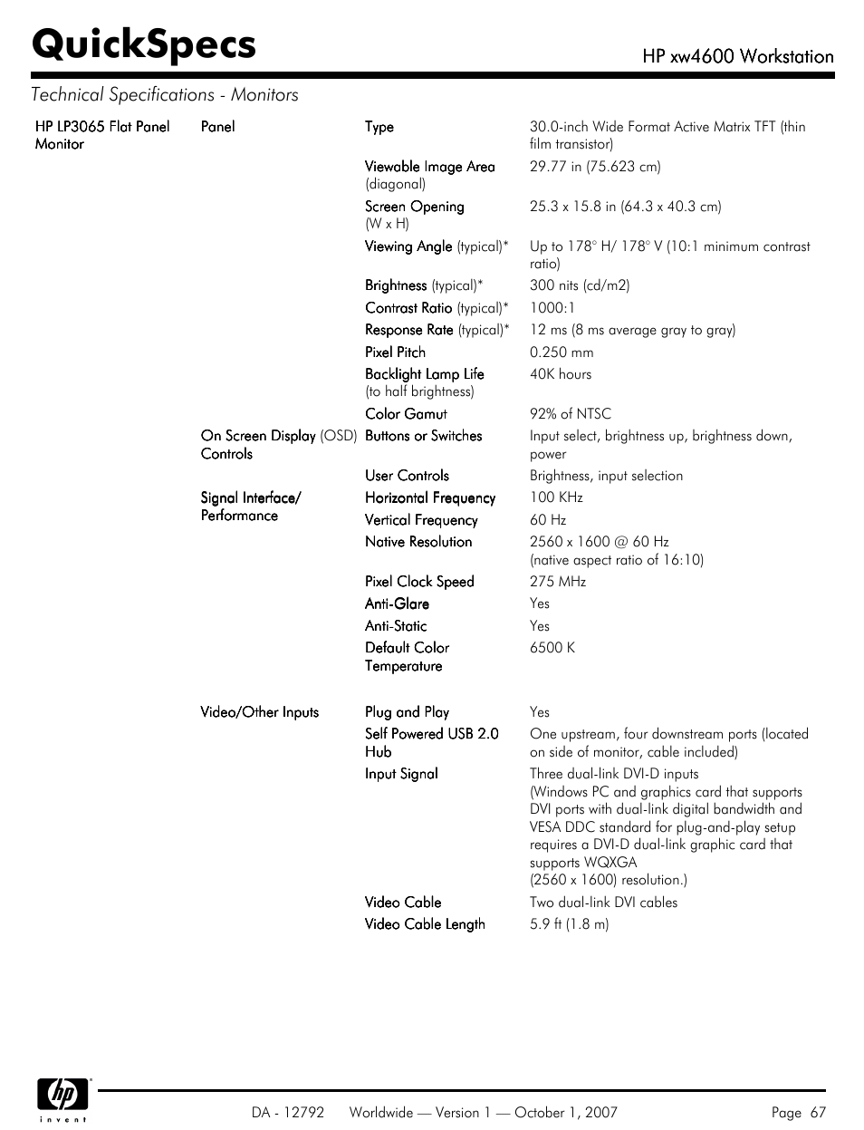 Quickspecs, Hp xw4600 workstation | HP xw4600 User Manual | Page 67 / 73