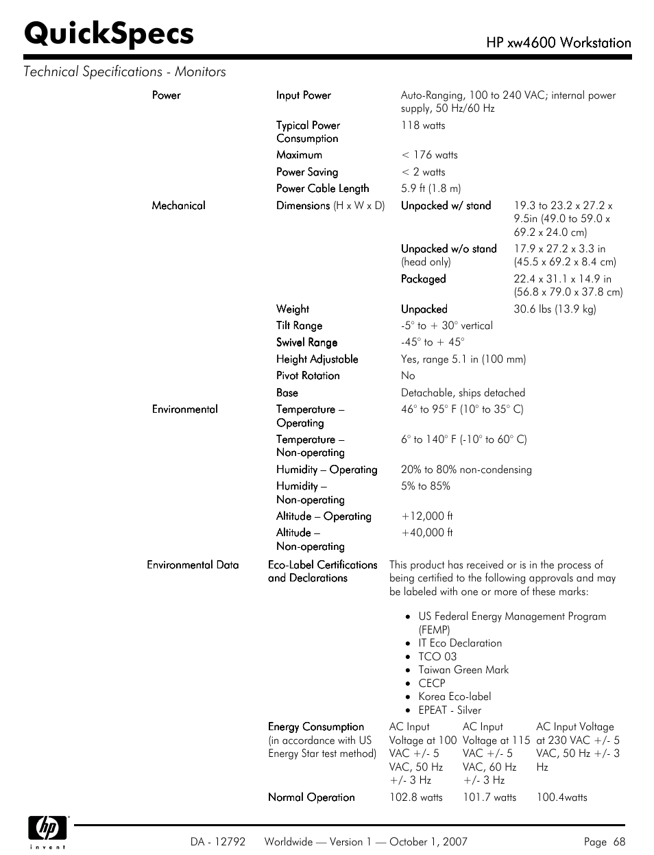 Quickspecs, Hp xw4600 workstation | HP xw4600 User Manual | Page 68 / 73