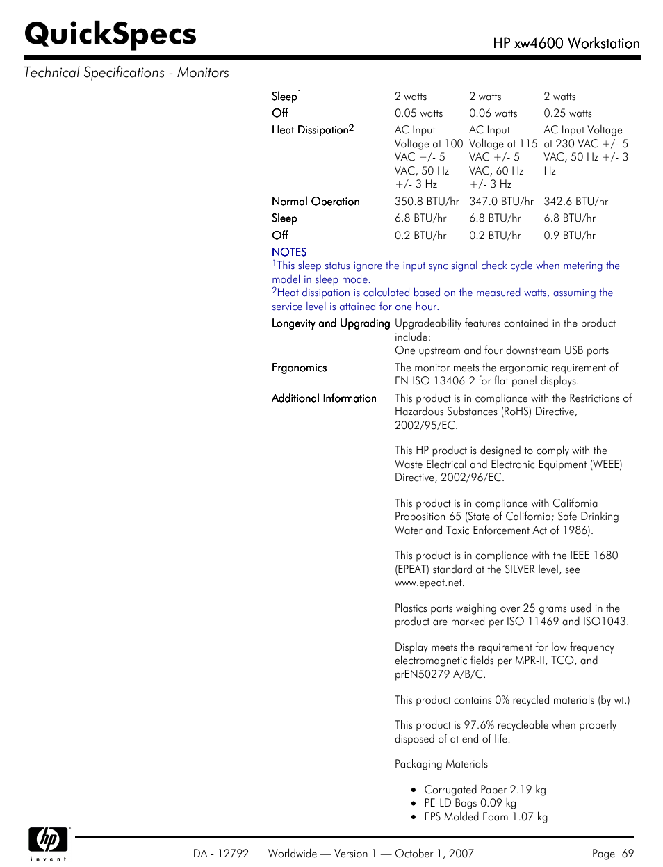 Quickspecs, Hp xw4600 workstation | HP xw4600 User Manual | Page 69 / 73