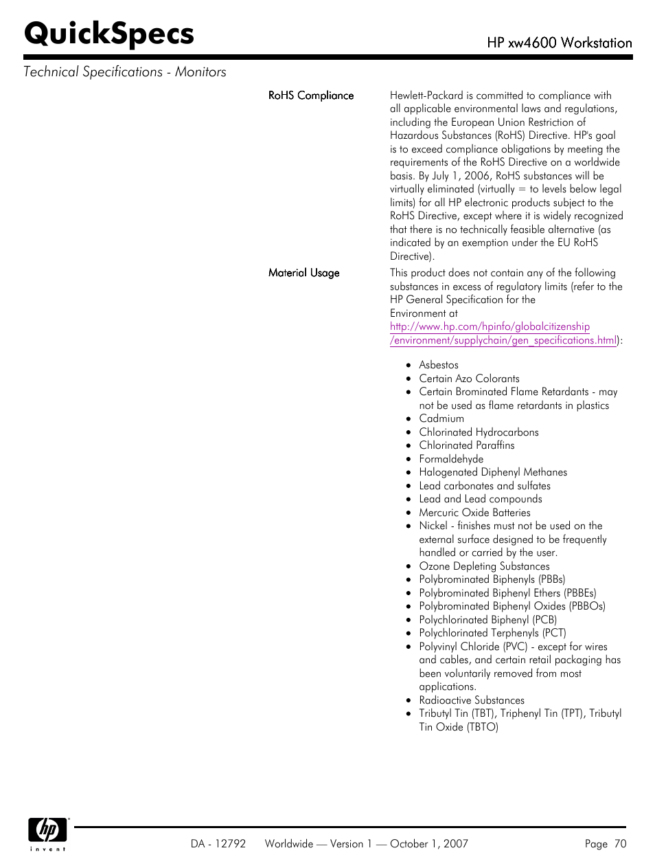 Quickspecs | HP xw4600 User Manual | Page 70 / 73