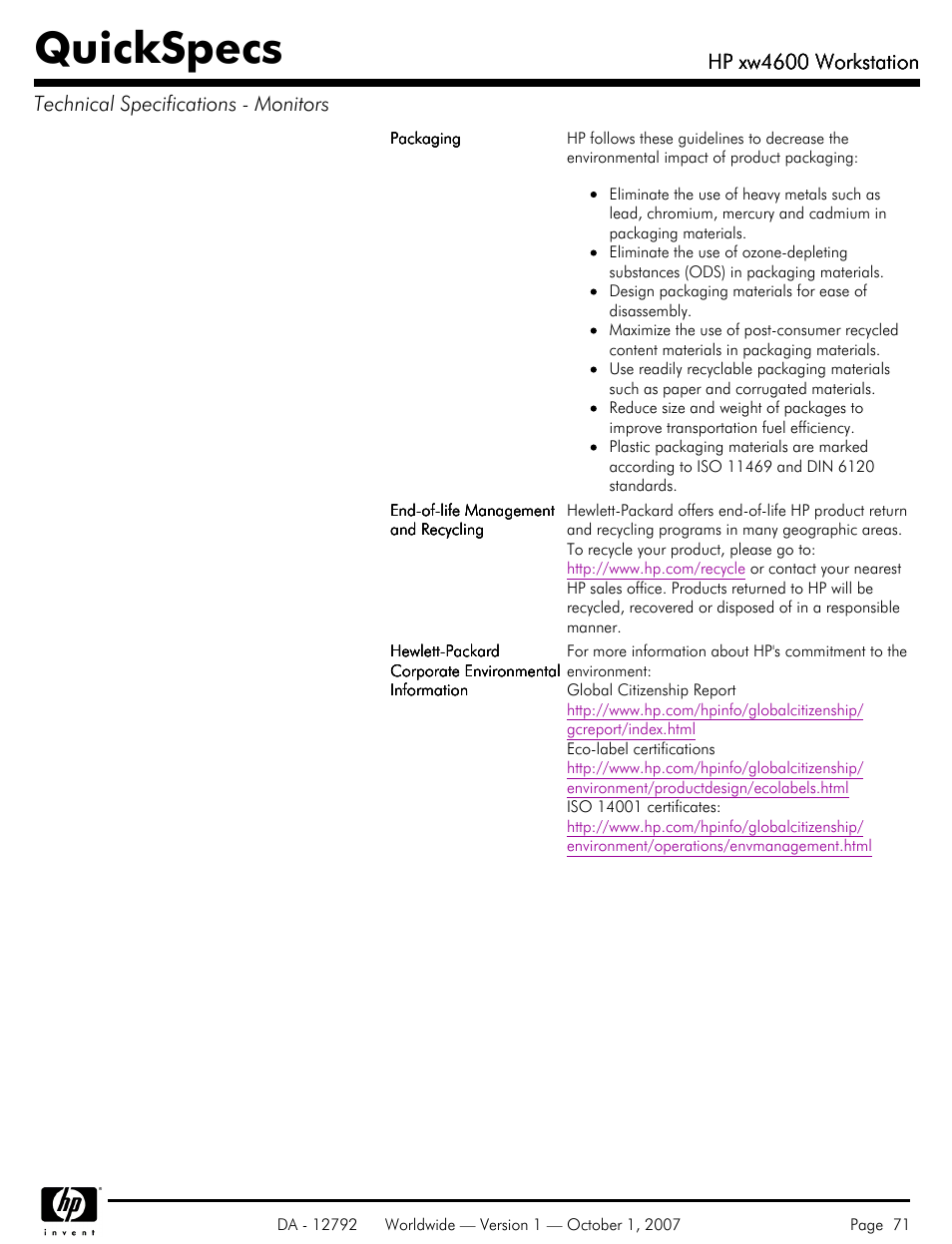 Quickspecs, Hp xw4600 workstation | HP xw4600 User Manual | Page 71 / 73