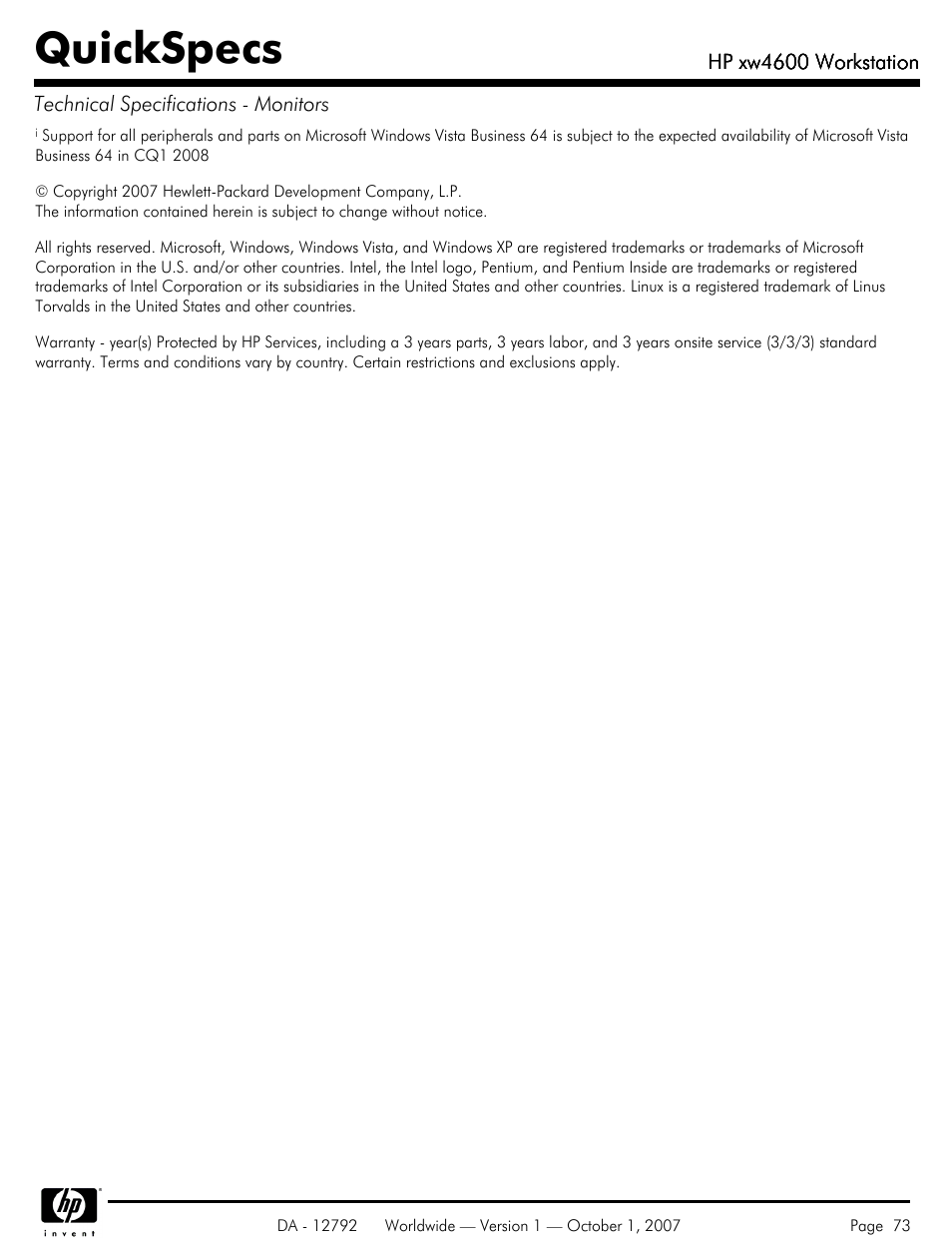Quickspecs | HP xw4600 User Manual | Page 73 / 73