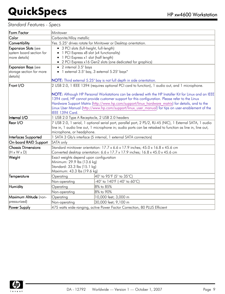 Quickspecs, Hp xw4600 workstation, Hp xw4600 workstation standard features - specs | HP xw4600 User Manual | Page 9 / 73