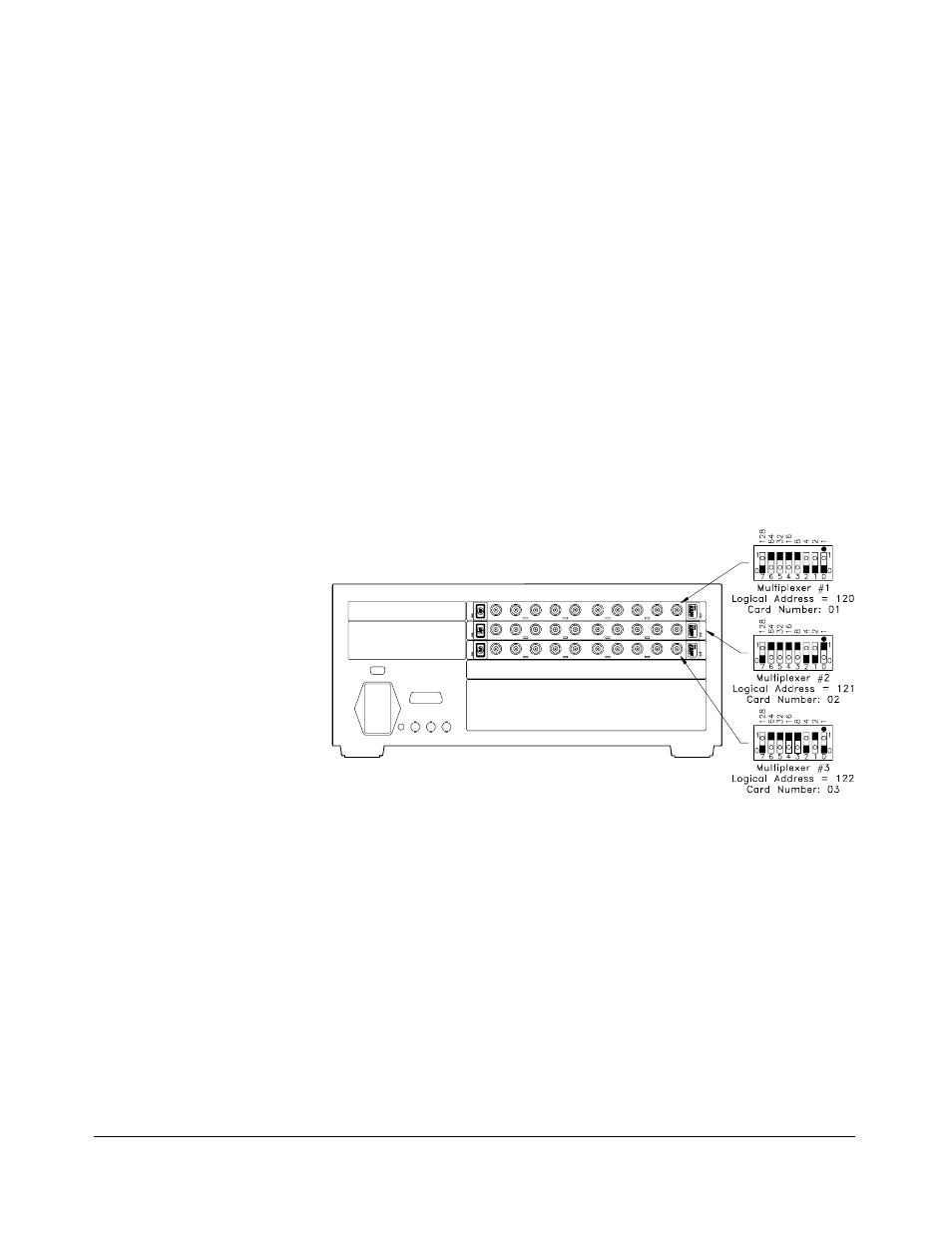 Logical, 14, Card numbers, 14, Multiple module switchbox, 14 | Numbers, 14, Logical address, 14, Channel numbers, 14, Configuration, 14, Multiple module, 14, Multiple module, example of, 14, Single module, 14 | HP E1367A User Manual | Page 14 / 74