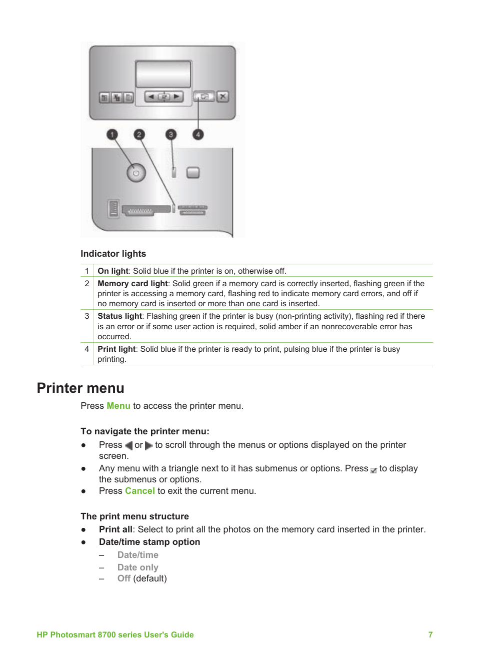 Printer menu | HP 8700 User Manual | Page 11 / 83