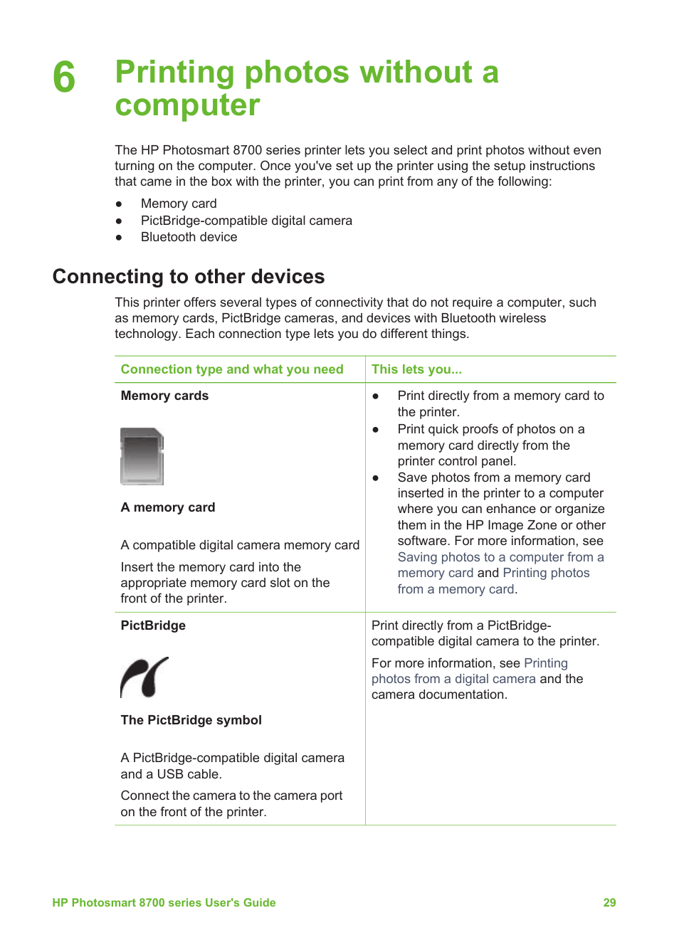 Printing photos without a computer, Connecting to other devices | HP 8700 User Manual | Page 33 / 83