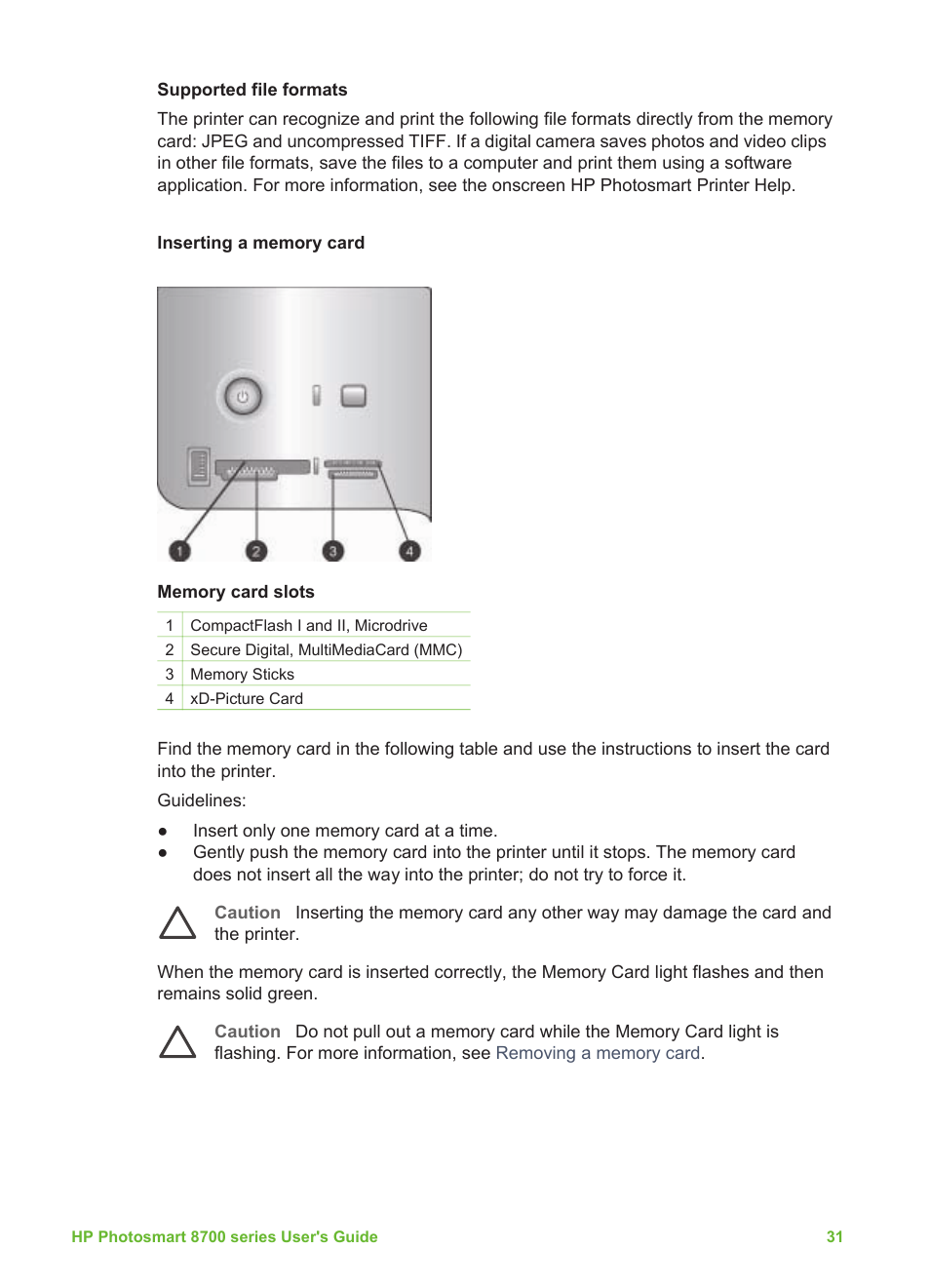 Inserting a memory card | HP 8700 User Manual | Page 35 / 83