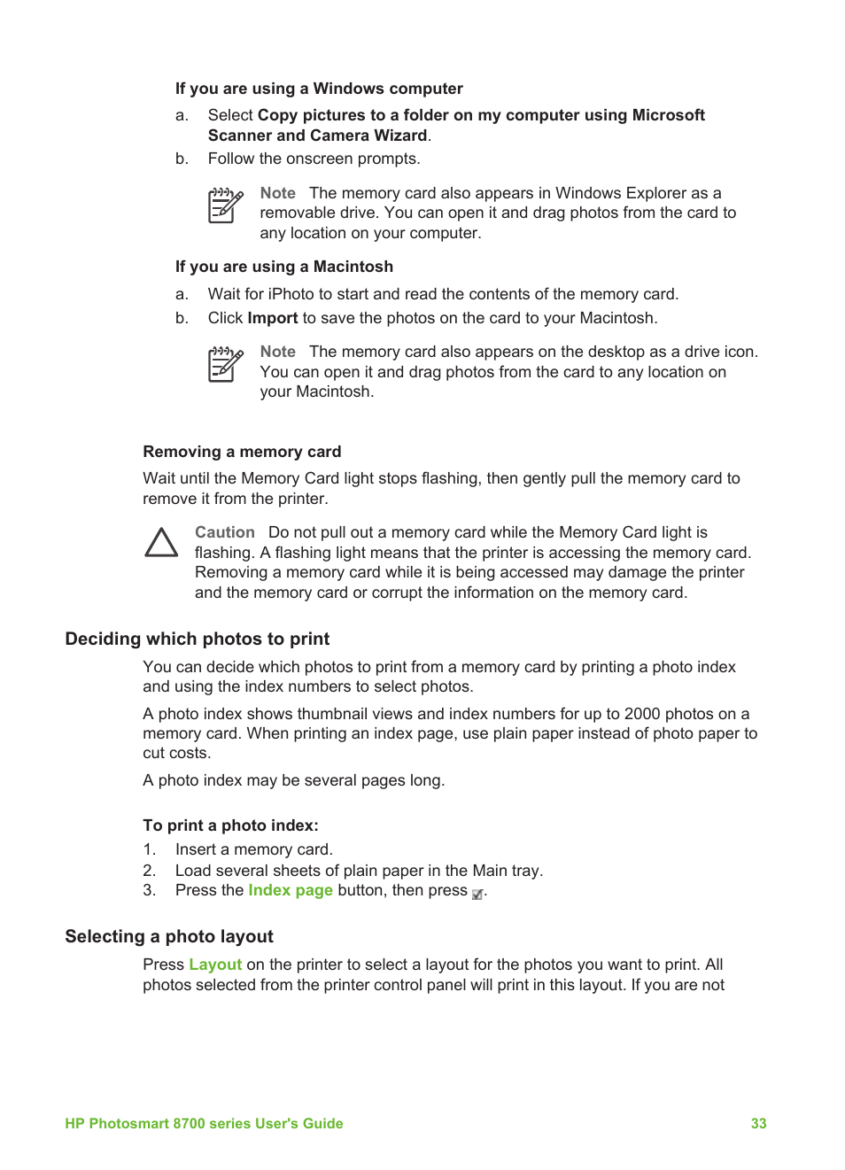Removing a memory card, Deciding which photos to print, Selecting a photo layout | HP 8700 User Manual | Page 37 / 83