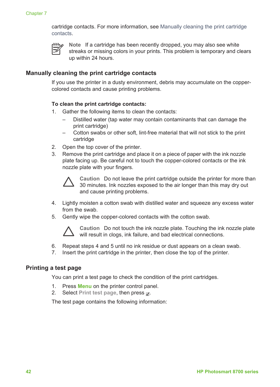 Manually cleaning the print cartridge contacts | HP 8700 User Manual | Page 46 / 83