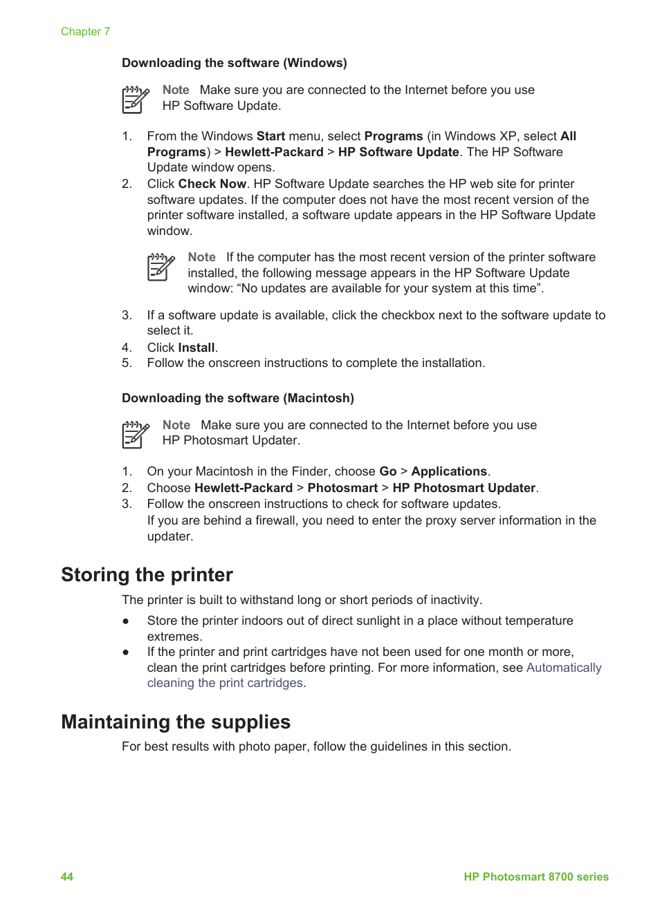 Storing the printer, Maintaining the supplies | HP 8700 User Manual | Page 48 / 83