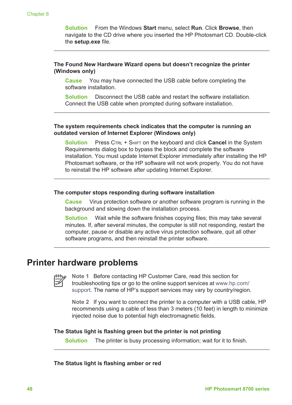 Printer hardware problems | HP 8700 User Manual | Page 52 / 83