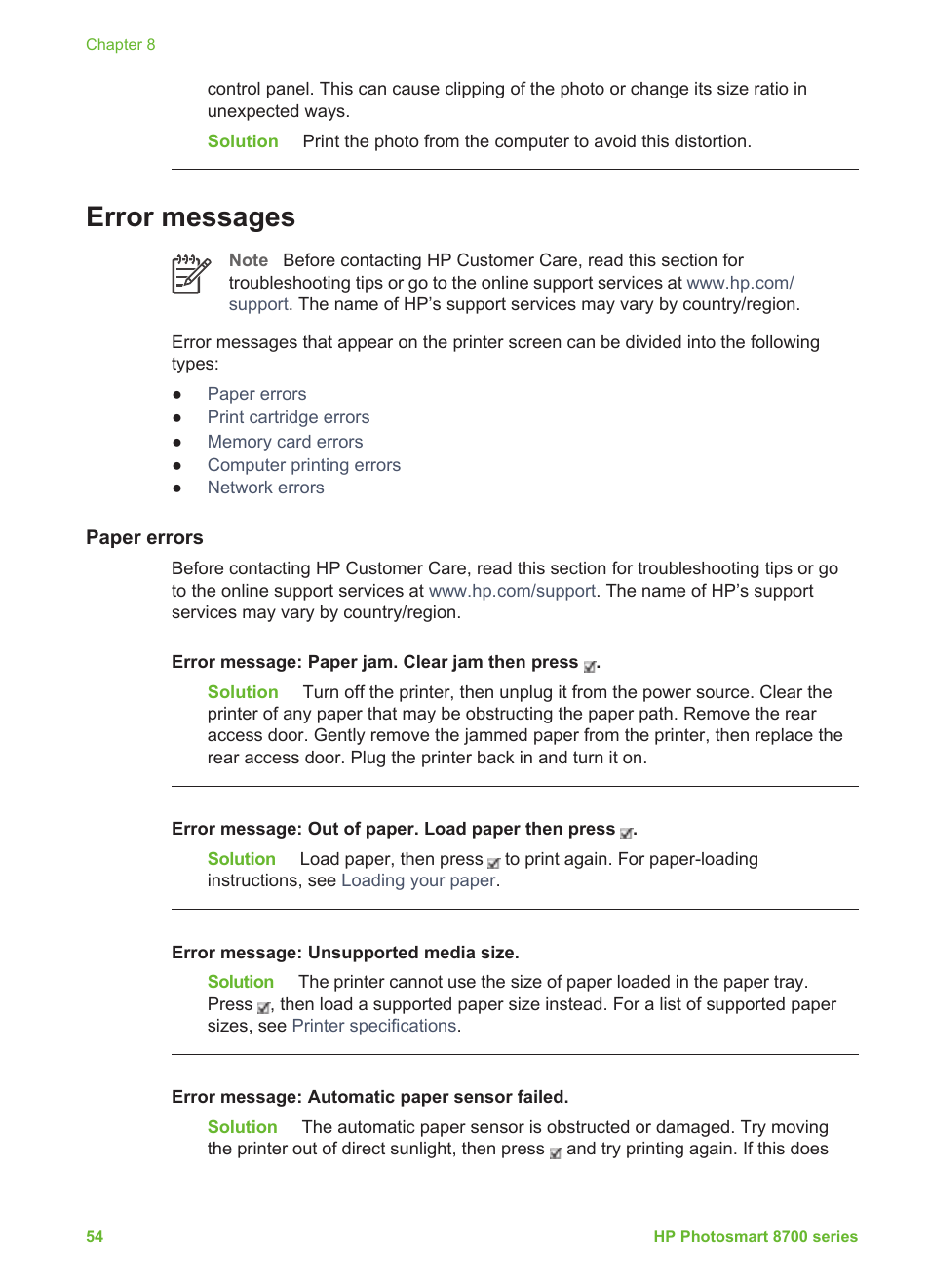 Error messages, Paper errors | HP 8700 User Manual | Page 58 / 83