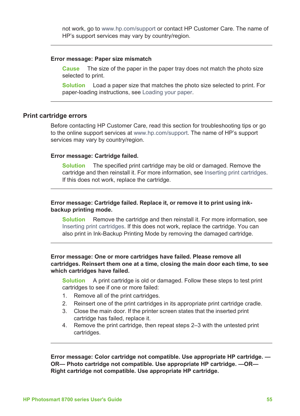 Print cartridge errors | HP 8700 User Manual | Page 59 / 83