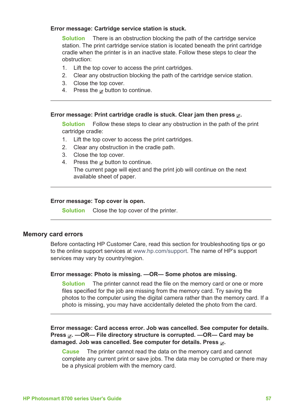 Memory card errors | HP 8700 User Manual | Page 61 / 83