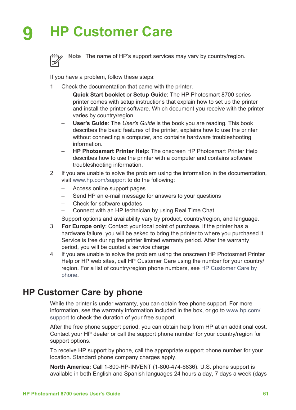 Hp customer care, Hp customer care by phone, Placing a call | HP 8700 User Manual | Page 65 / 83