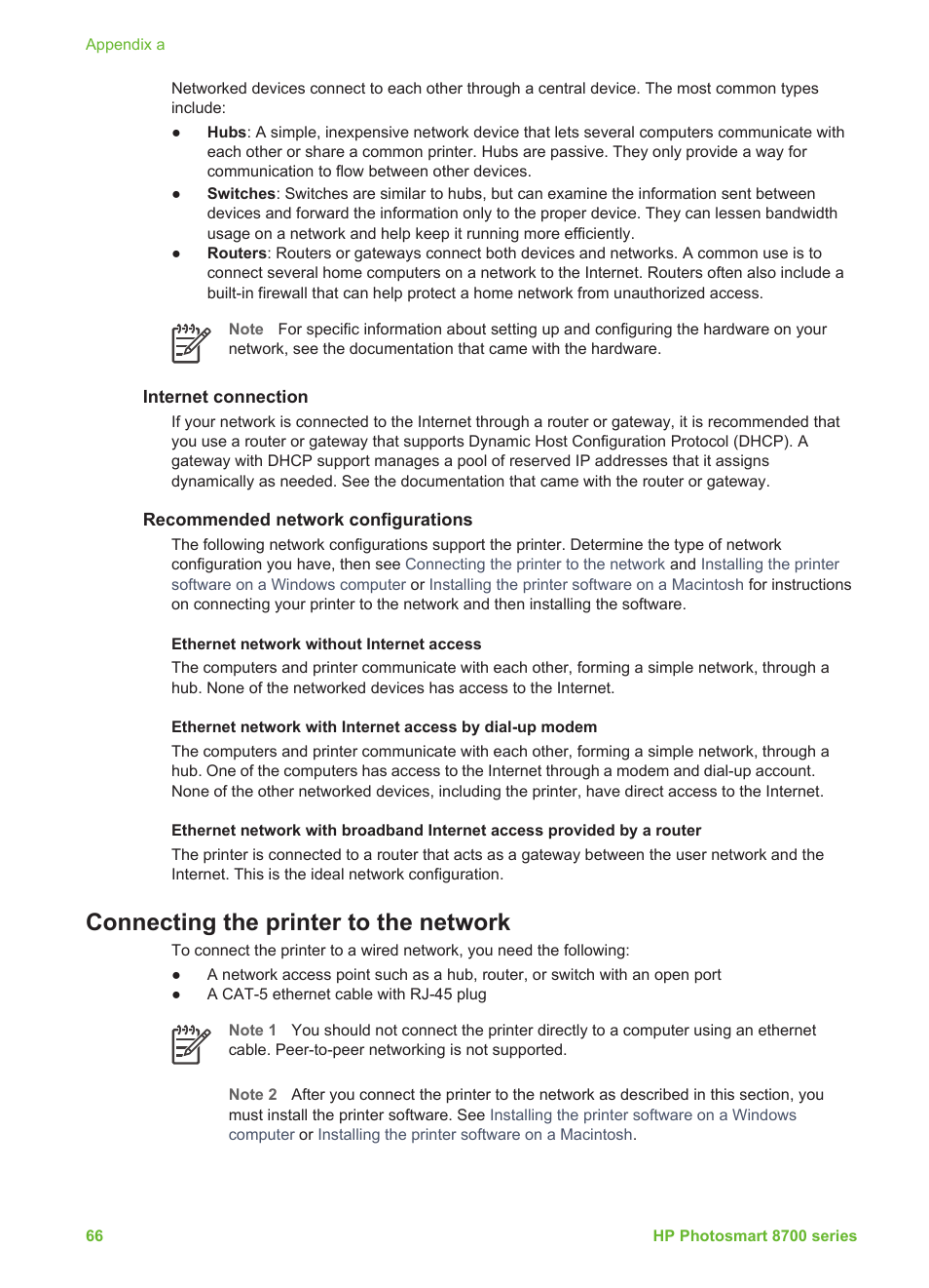 Internet connection, Recommended network configurations, Ethernet network without internet access | Connecting the printer to the network | HP 8700 User Manual | Page 70 / 83