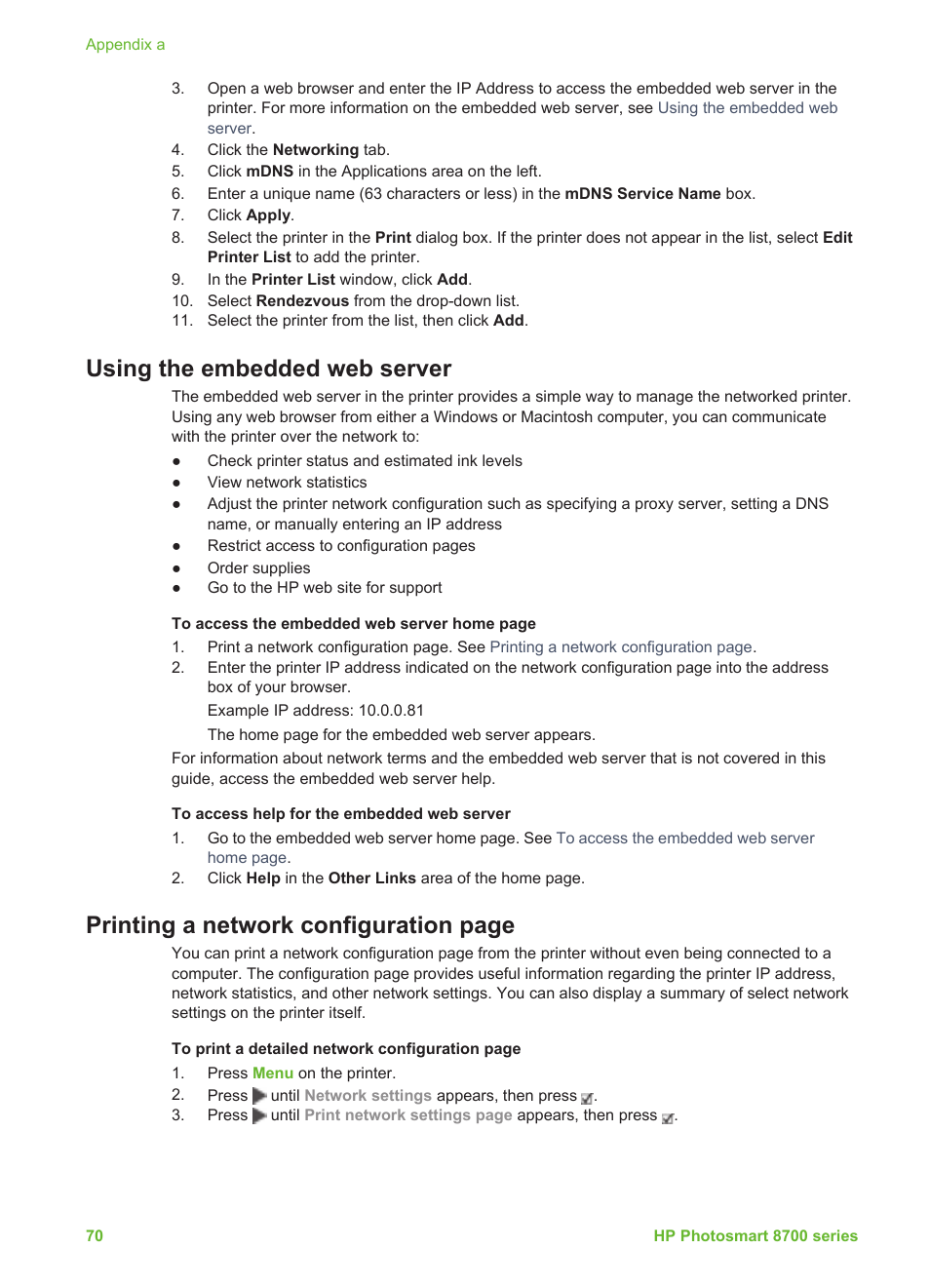 Using the embedded web server, Access help for the embedded web server, Settings. see | Hardware address. see, Printing a network configuration page | HP 8700 User Manual | Page 74 / 83