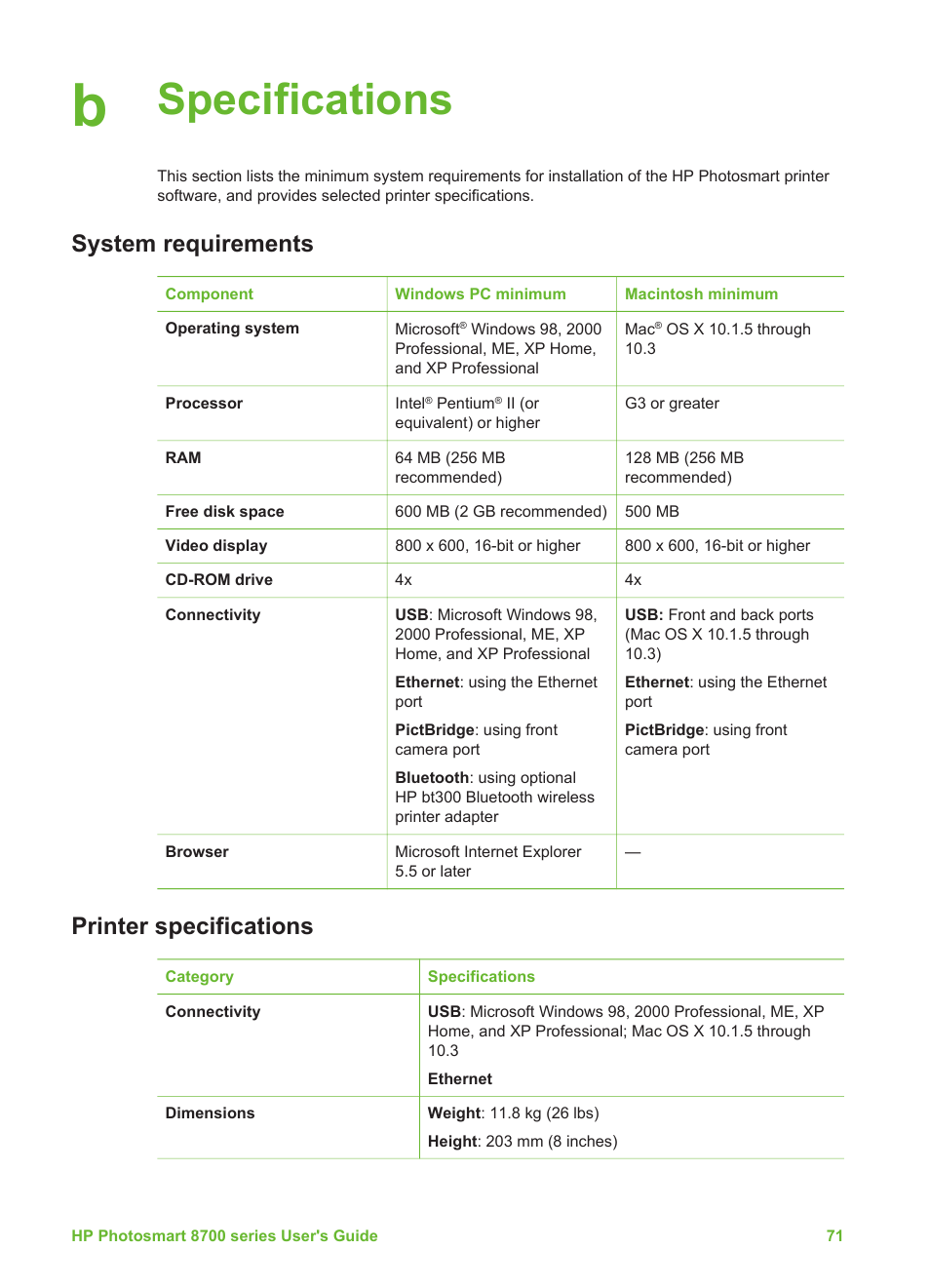 Specifications, System requirements, Printer specifications | System requirements printer specifications, Printer | HP 8700 User Manual | Page 75 / 83