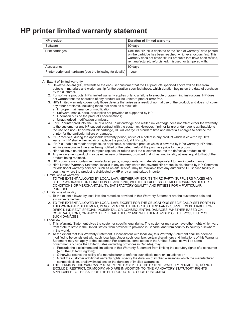 Hp warranty, Hp printer limited warranty statement | HP 8700 User Manual | Page 79 / 83