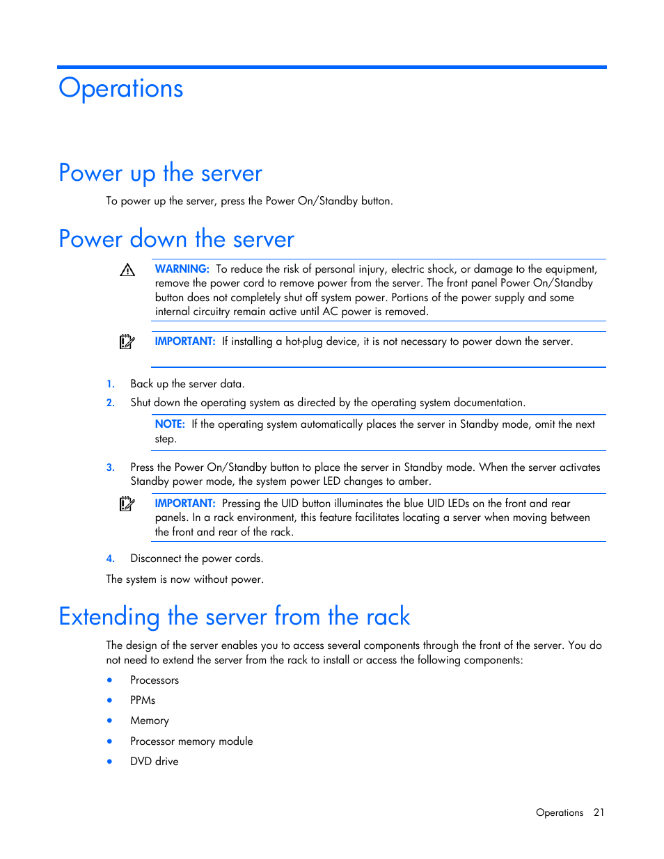 Operations, Power up the server, Power down the server | Extending the server from the rack | HP DL580 User Manual | Page 21 / 108