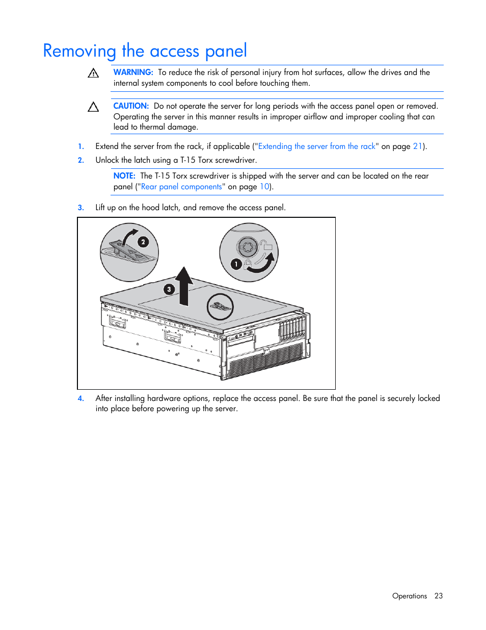Removing the access panel | HP DL580 User Manual | Page 23 / 108