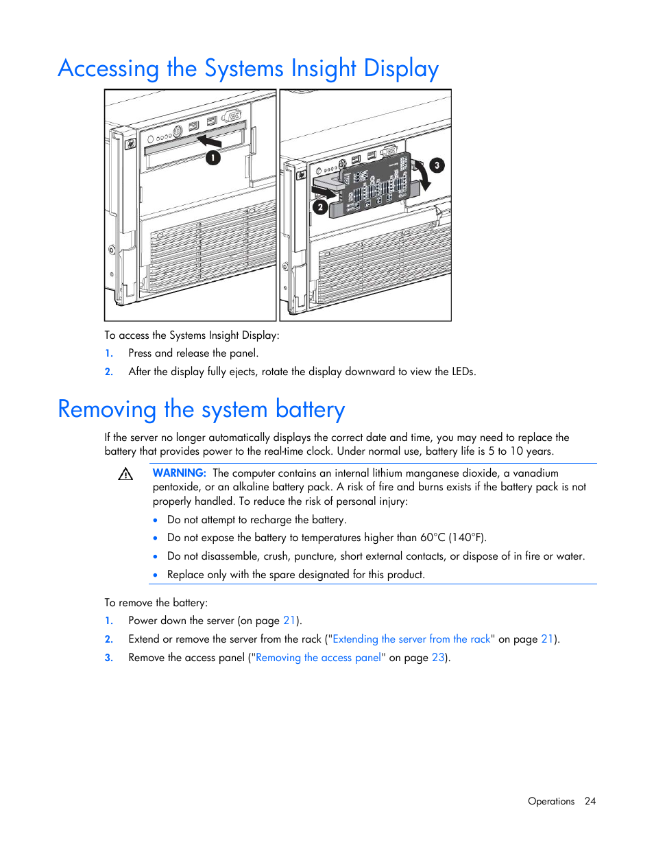 Accessing the systems insight display, Removing the system battery | HP DL580 User Manual | Page 24 / 108