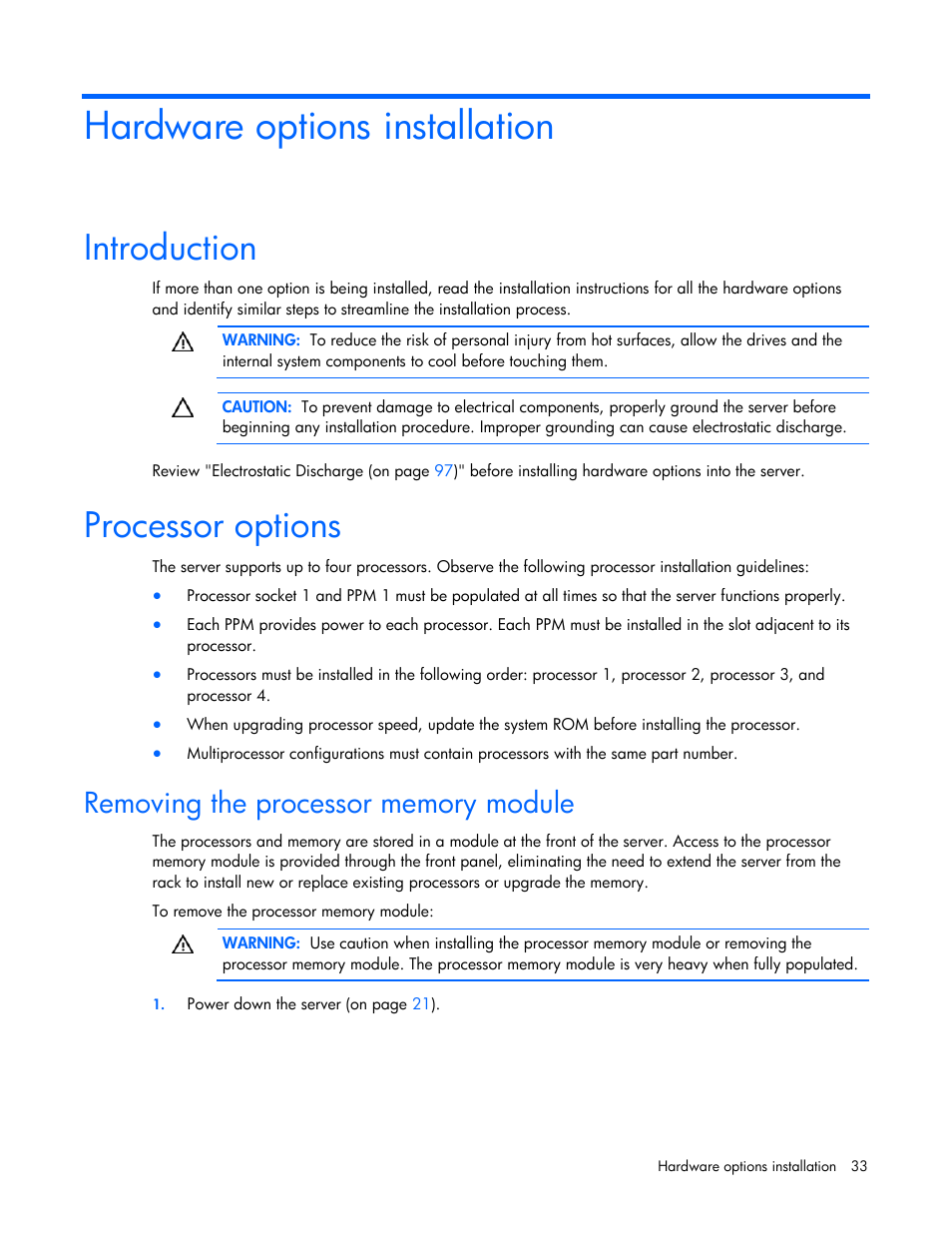 Hardware options installation, Introduction, Processor options | Removing the processor memory module | HP DL580 User Manual | Page 33 / 108