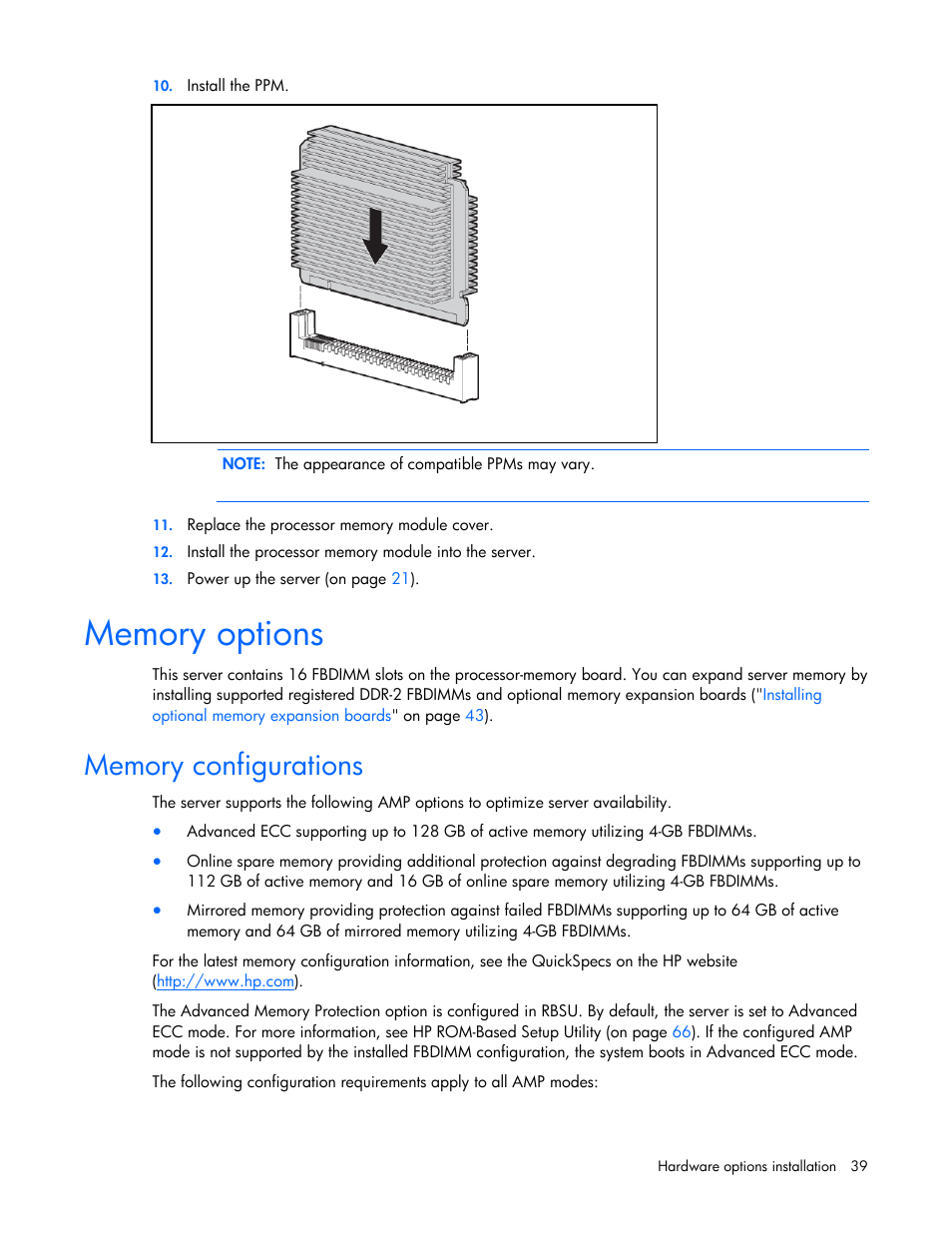 Memory options, Memory configurations | HP DL580 User Manual | Page 39 / 108