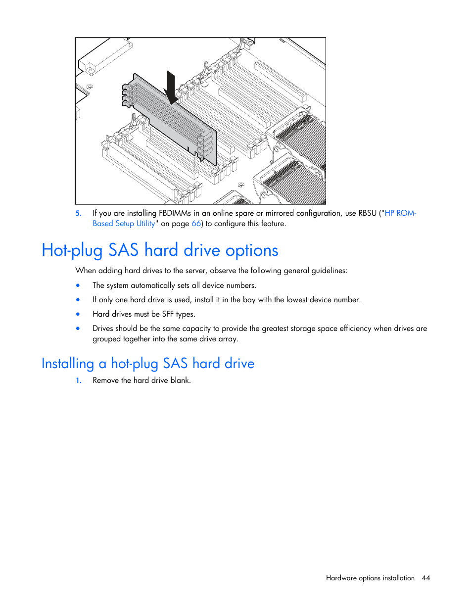 Hot-plug sas hard drive options, Installing a hot-plug sas hard drive | HP DL580 User Manual | Page 44 / 108