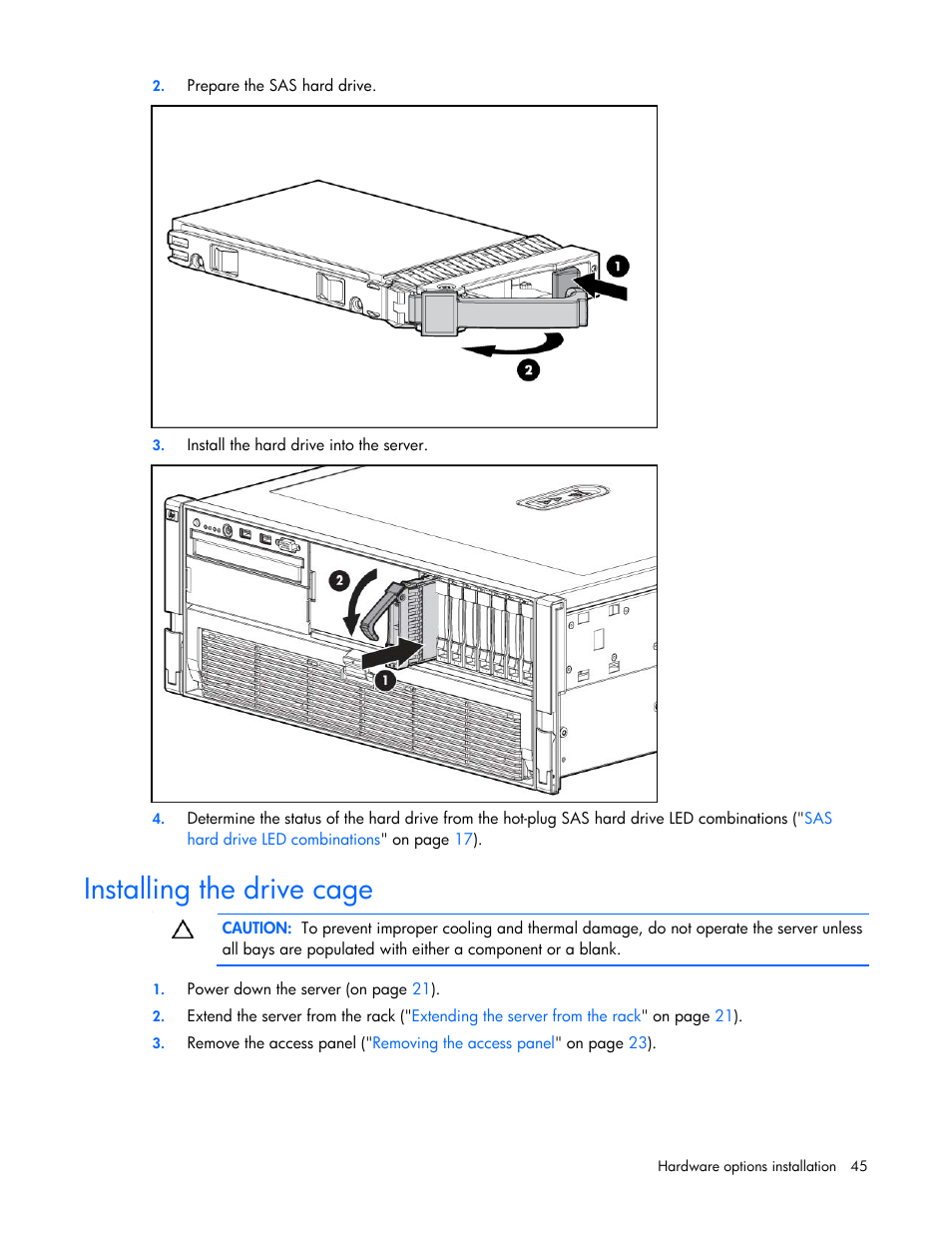 Installing the drive cage | HP DL580 User Manual | Page 45 / 108