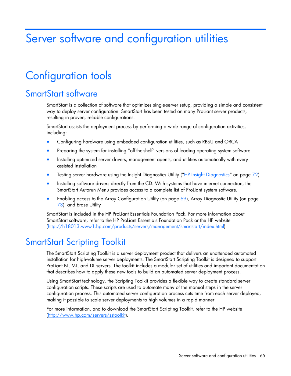 Server software and configuration utilities, Configuration tools, Smartstart software | Smartstart scripting toolkit | HP DL580 User Manual | Page 65 / 108