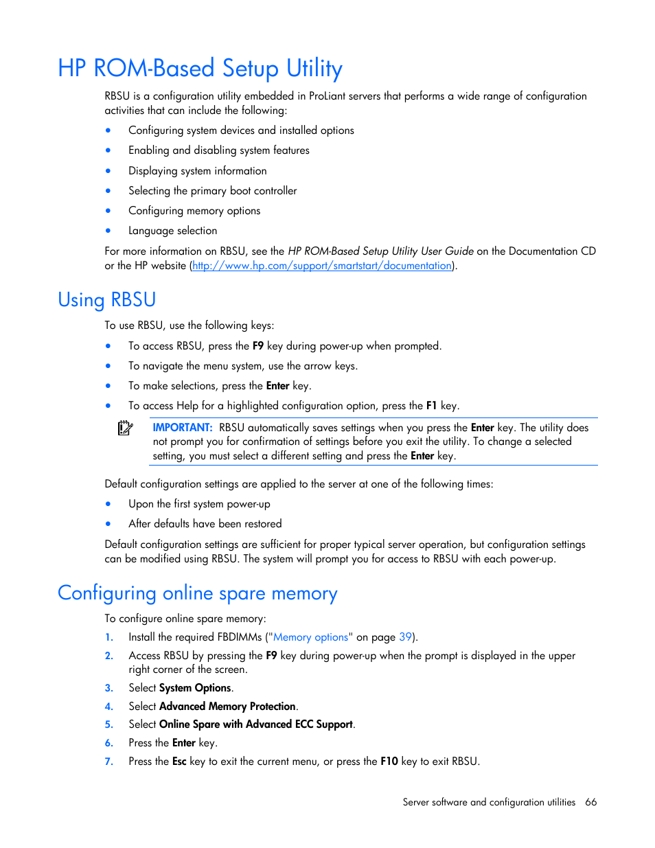 Hp rom-based setup utility, Using rbsu, Configuring online spare memory | If the con, Rbsu, Hp rom, Based setup utility, To con | HP DL580 User Manual | Page 66 / 108