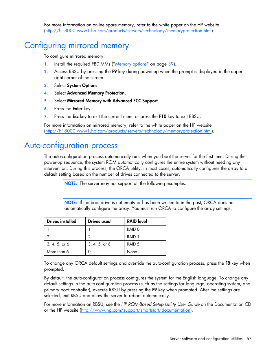 Configuring mirrored memory, Auto-configuration process, Support | Configuring, Mirrored memory | HP DL580 User Manual | Page 67 / 108