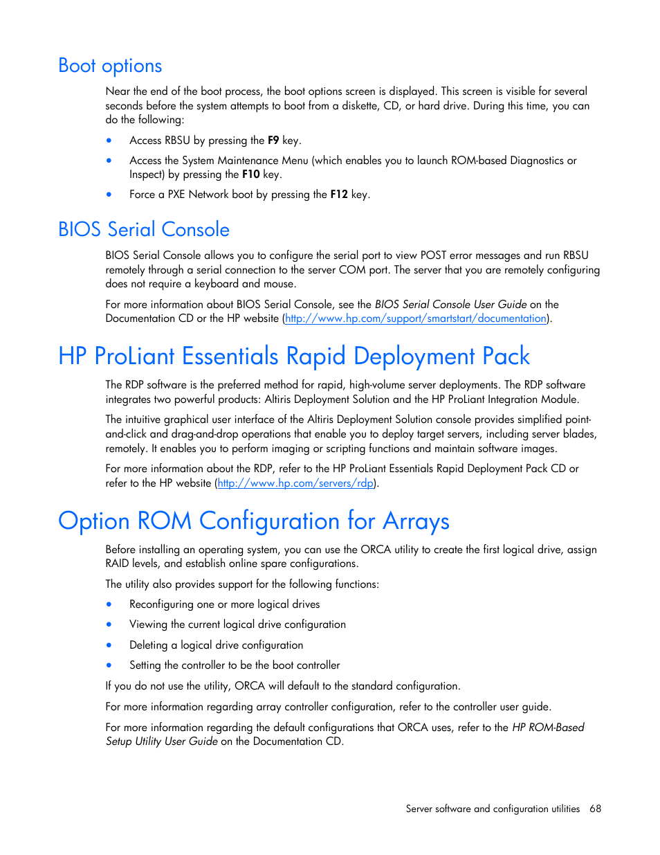 Boot options, Bios serial console, Hp proliant essentials rapid deployment pack | Option rom configuration for arrays | HP DL580 User Manual | Page 68 / 108